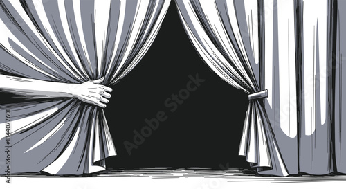 A hand pulls back a theater curtain to reveal a dark, empty stage, symbolizing a new beginning, opportunity, or the start of a show.