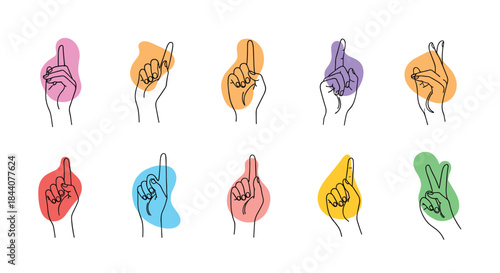 A collection of diverse hand gestures depicted in minimalist line art with vibrant abstract color blocks, representing communication and expression.