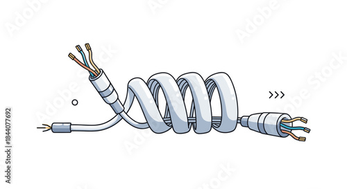 A stylized white coiled electrical cable with stripped, colorful wires at both ends, symbolizing connectivity and technology.