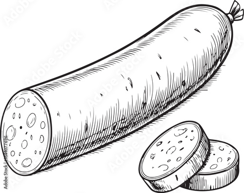 Pepperoni Sausage Sliced with Slices Hand-drawn Sketch Drawing Vector Illustration, Line Linear Symbol Engraving Coloring Book, Black and White Isolated