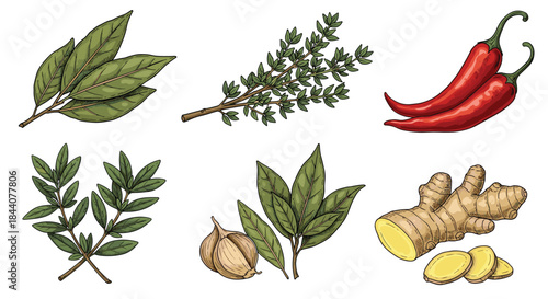 Essential culinary herbs and spices, including bay leaves, thyme, red chili peppers, garlic, ginger, and other aromatic ingredients.