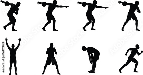 Athlete silhouette set, sports poses, throwing and running stances, boxing and resting figures, black vector art, physical training icons