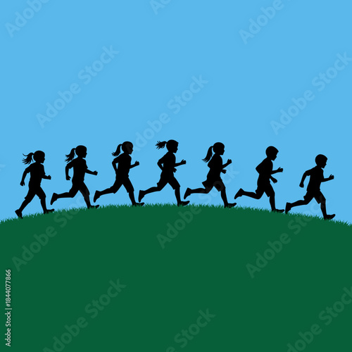 Silhouettes of children running uphill on a vibrant green grassy slope against a clear blue sky, depicting childhood energy, outdoor play, and heal...