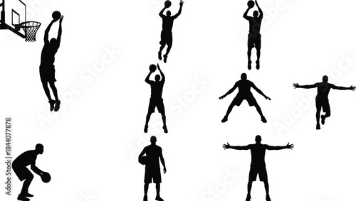 Basketball player silhouette set, dunk and dribble poses, shooting motion, defensive stance, black vector art, sports action icons