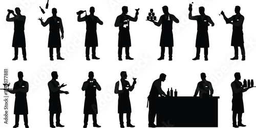 Bartender silhouette collection mixing cocktails, professional barman serving drinks, bar service poses, hospitality staff black vector illustration set