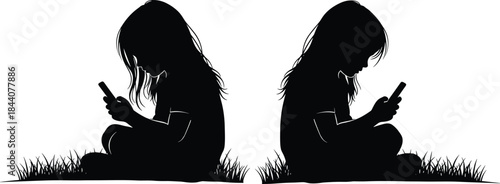 Black silhouette vector of two young girls sitting back-to-back on grass using smartphones, symbolizing technology, childhood, screen time, social distance, and digital disconnection.