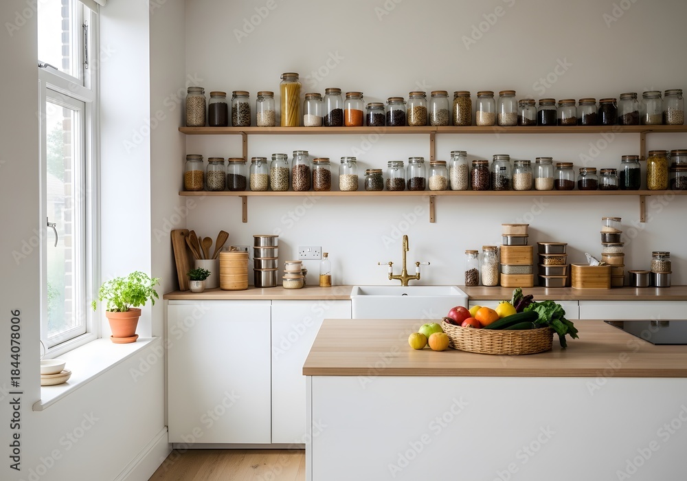 Fototapeta premium Bright and organized modern kitchen interior with extensive spice collection on open wooden shelves, bathed in natural light