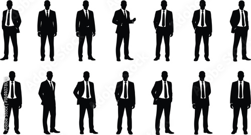Business man silhouette set wearing suits, professional corporate executives standing poses, leadership and office style isolated white background concept illustration
