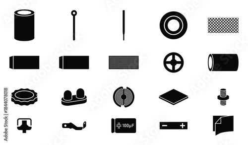 Various Black & White Industrial Components Depicted in Silhouette Form