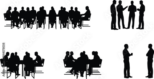 Business meeting and discussion silhouettes, corporate teamwork groups, negotiation, collaboration, communication, office conference scenes, professional interaction concept illustration