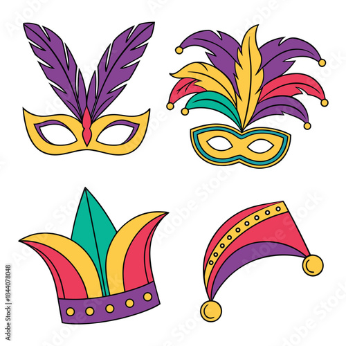 Illustration of four mardi gras themed items including masks and hats with feathers and embellishments