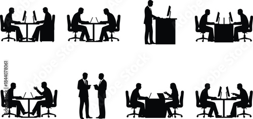 Business meeting and office work silhouette illustration set showing teamwork, communication and computer tasks, professional corporate scenes, black and white vector