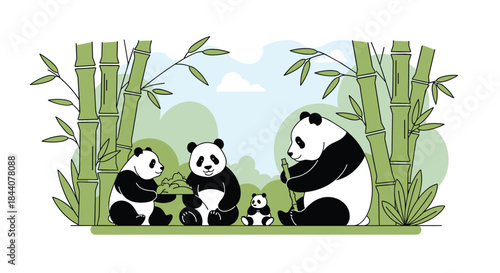A heartwarming illustration of a panda family enjoying a peaceful meal of bamboo amidst a lush green forest under a serene sky.
