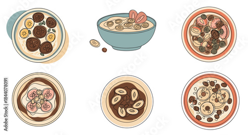 Collection of six stylized vector illustrations showcasing diverse healthy breakfast bowls with oatmeal and various toppings.