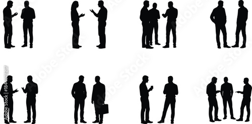 Business people conversation silhouette set, professional discussion teamwork poses, office meeting networking communication figures, black corporate vector illustration pack