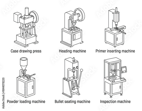 Vector Illustration: Various Industrial Ammunition Manufacturing Machines