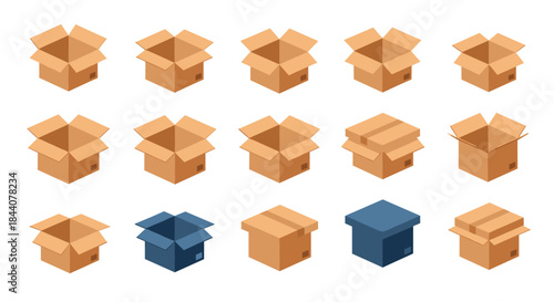 Collection of isometric cardboard boxes for packaging and shipping, featuring open and closed cartons in brown and blue colors.