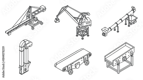 Set of Detailed Isometric Conveyor Systems and Material Handling Machinery.