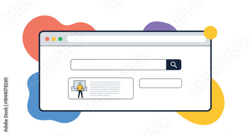 Graphic illustration of a web browser interface with a search bar, search results, and a person presenting, depicting digital information and online content.