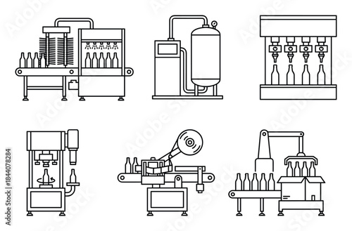 Bottling Production Stages: Detailed outline vector of industrial machines