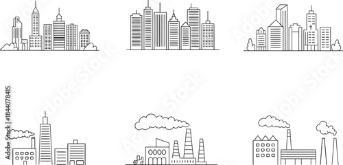 Minimalist Line Cityscapes and Industrial Scenes