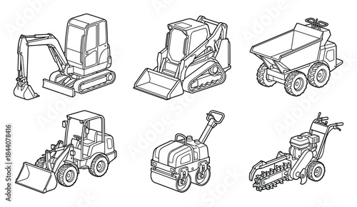 Collection of Isolated Vector Line Art Construction Equipment Icons Set