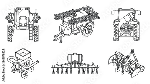 Agricultural Machinery Set, detailed vector drawing of farm equipment.