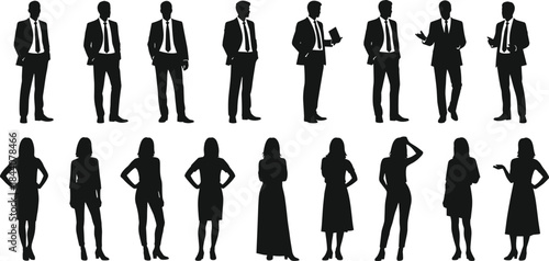 Business people silhouettes standing poses, men and women professionals, corporate teamwork, office lifestyle, leadership, communication concept illustration