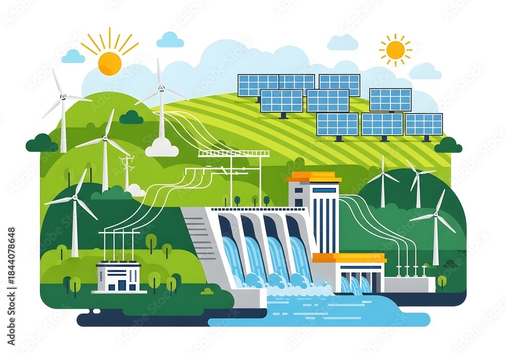 Obraz premium Sustainable Energy Production A Landscape with Wind Turbines, Solar Panels, and Hydro Dam