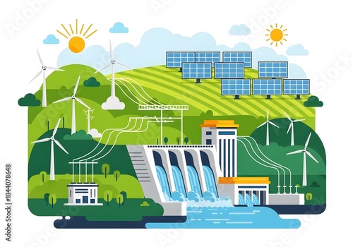 Sustainable Energy Production A Landscape with Wind Turbines, Solar Panels, and Hydro Dam