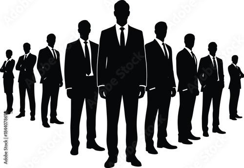 Business team silhouettes standing together, corporate professionals leadership lineup, teamwork, confidence, management authority, office success, company culture concept illustration