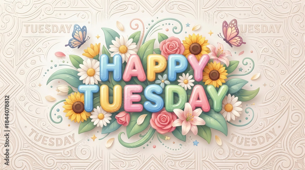Obraz premium Words ‘HAPPY TUESDAY’ in cheerful colorful style surrounded by fresh flowers, soft leaves, light petals, and gentle decorative elements