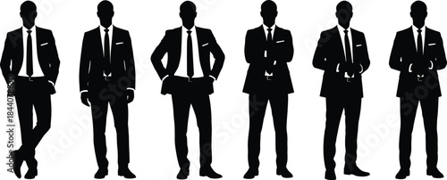 Businessman silhouette set wearing formal suits, professional male corporate poses, leadership style, executive fashion isolated on white background