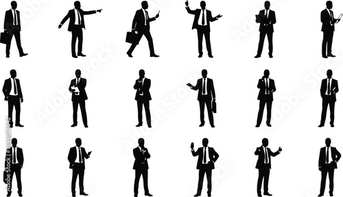Businessman silhouette set gesturing, presenting, using phone, holding briefcase, professional corporate poses and leadership actions isolated on white background