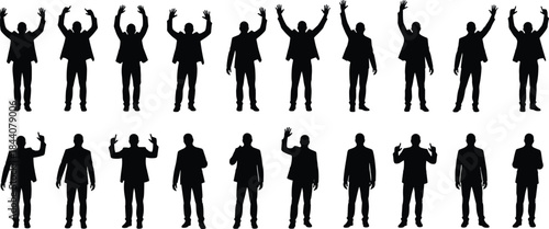 Businessmen silhouettes raising hands, victory and greeting gestures, success celebration, confidence, leadership poses, corporate motivation, achievement concept illustration