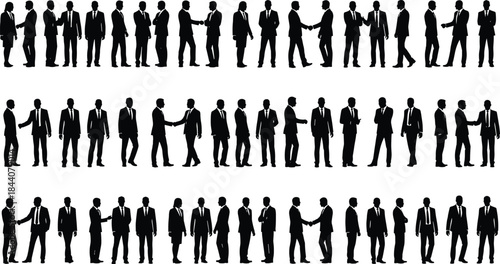 Businessmen silhouettes shaking hands and standing poses, corporate professionals interaction, agreement, networking, teamwork, leadership, office business concept illustration