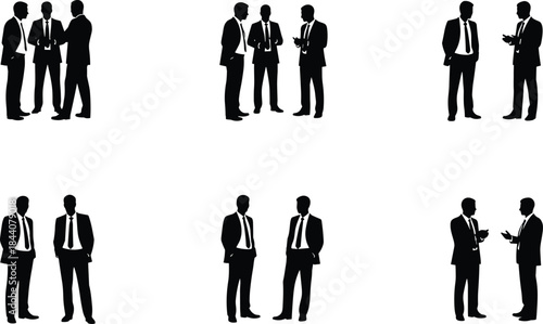 Businessmen discussion silhouette set, professional corporate colleagues talking, negotiation, teamwork, office communication concepts isolated on white background