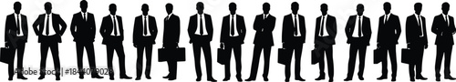 Businessmen silhouettes standing in row, corporate professionals with briefcases, leadership, success, office fashion, teamwork, business concept illustration