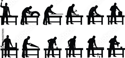 Carpenter silhouettes working at workshop tables, woodworking tools usage, manual labor process, craftsmanship activities, industrial work, isolated black illustration