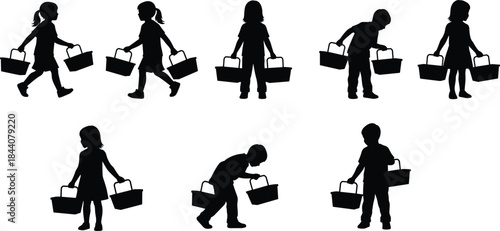 Children silhouettes carrying baskets, kids helping activity, childhood responsibility concept, family chores, daily tasks, isolated black illustration