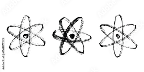Set of hand drawn atom sign Molecule clipart in doodle style Symbol of science, education, nuclear energy, scientific research, molecular chemistry Single element for print, web, design