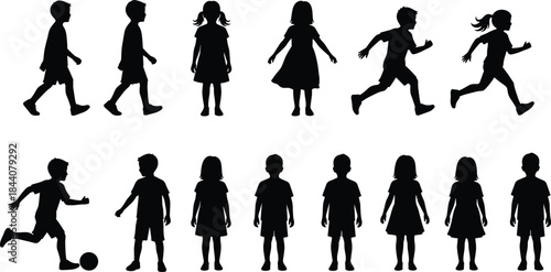 Children silhouettes illustration set showing boys and girls walking, running, playing and standing poses, childhood activity collection, black and white vector