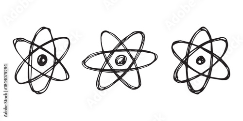Set of hand drawn atom sign Molecule clipart in doodle style Symbol of science, education, nuclear energy, scientific research, molecular chemistry Single element for print, web, design