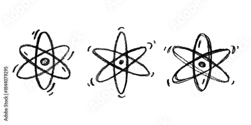Set of hand drawn atom sign Molecule clipart in doodle style Symbol of science, education, nuclear energy, scientific research, molecular chemistry Single element for print, web, design