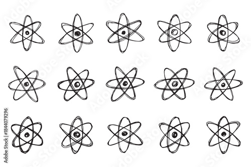 Set of hand drawn atom sign Molecule clipart in doodle style Symbol of science, education, nuclear energy, scientific research, molecular chemistry Single element for print, web, design