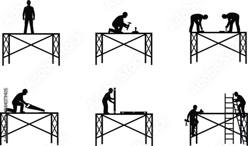 Construction worker silhouettes on scaffolding platforms, industrial labor tasks, safety work process, building maintenance activities, isolated black illustration