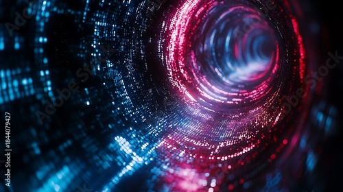 Fototapeta Naklejka Na Ścianę i Meble -  Abstract Digital Tunnel with Glowing Blue and Pink Data Flow and Futuristic Light Trails