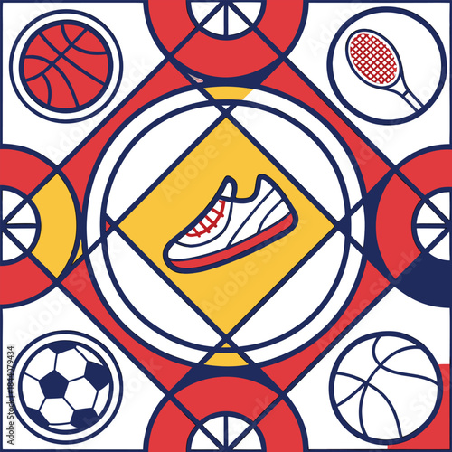 Geometric sports themed pattern featuring a shoe basketball tennis racket and soccer ball design elements