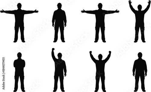 Construction worker silhouettes showing hand signals, safety gestures, industrial communication poses, hard hat laborers, workplace safety, instruction concept illustration