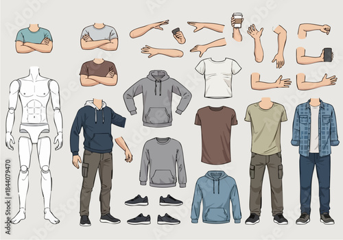 Fashion collection vector illustration set: women's and men's casual clothing, shirts, jackets, pants, dresses, and t-shirt design templates